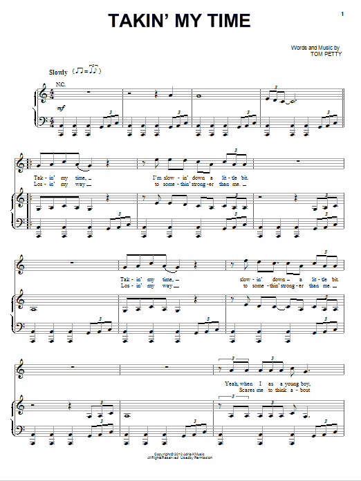 Tom Petty And The Heartbreakers Takin' My Time sheet music notes and chords arranged for Piano, Vocal & Guitar Chords (Right-Hand Melody)