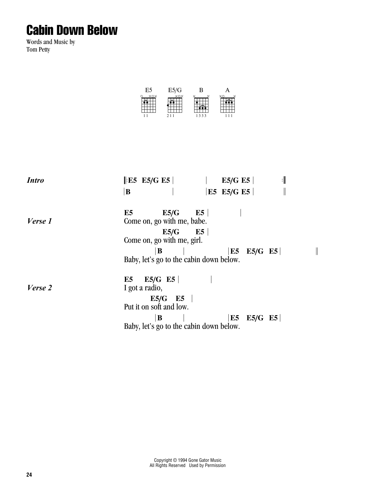 Tom Petty Cabin Down Below sheet music notes and chords arranged for Guitar Chords/Lyrics