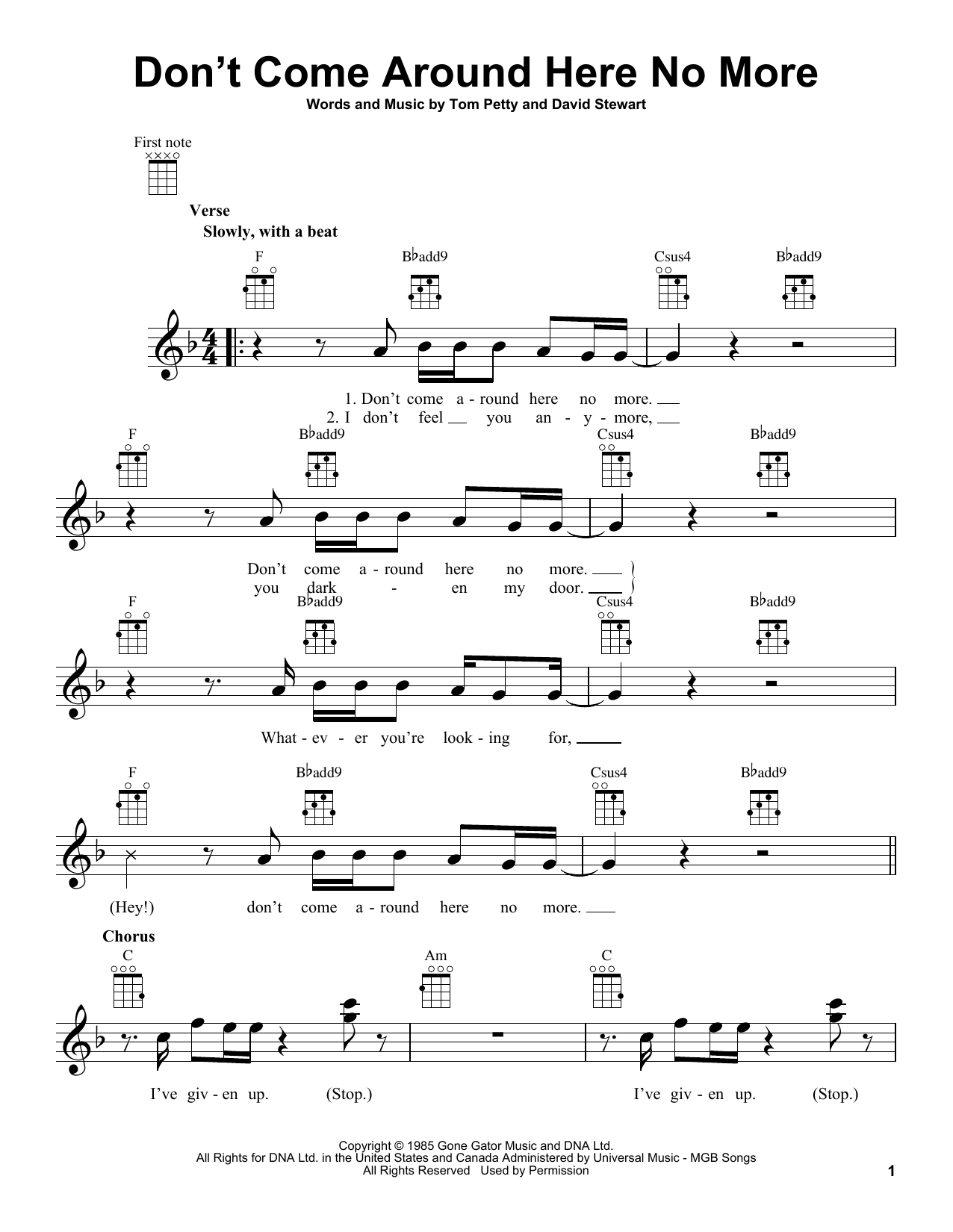 Tom Petty Don't Come Around Here No More sheet music notes and chords arranged for Ukulele