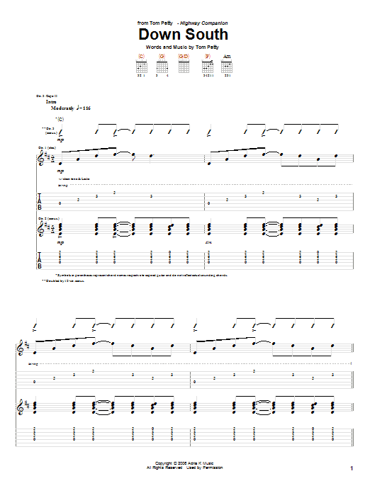 Tom Petty Down South sheet music notes and chords arranged for Guitar Tab