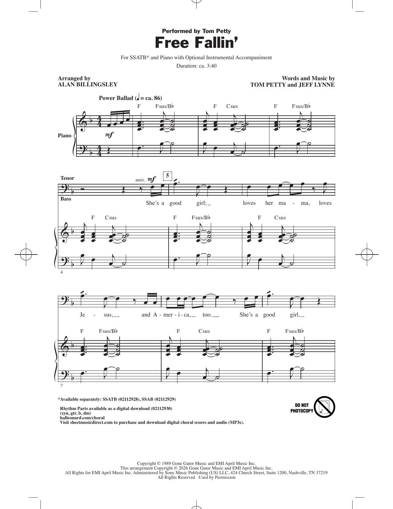 Tom Petty Free Fallin' (arr. Alan Billingsley) sheet music notes and chords arranged for SSAB Choir