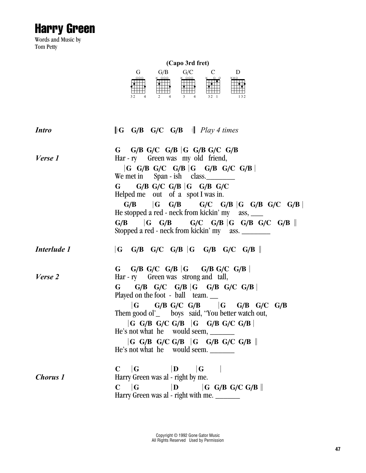 Tom Petty Harry Green sheet music notes and chords arranged for Guitar Chords/Lyrics