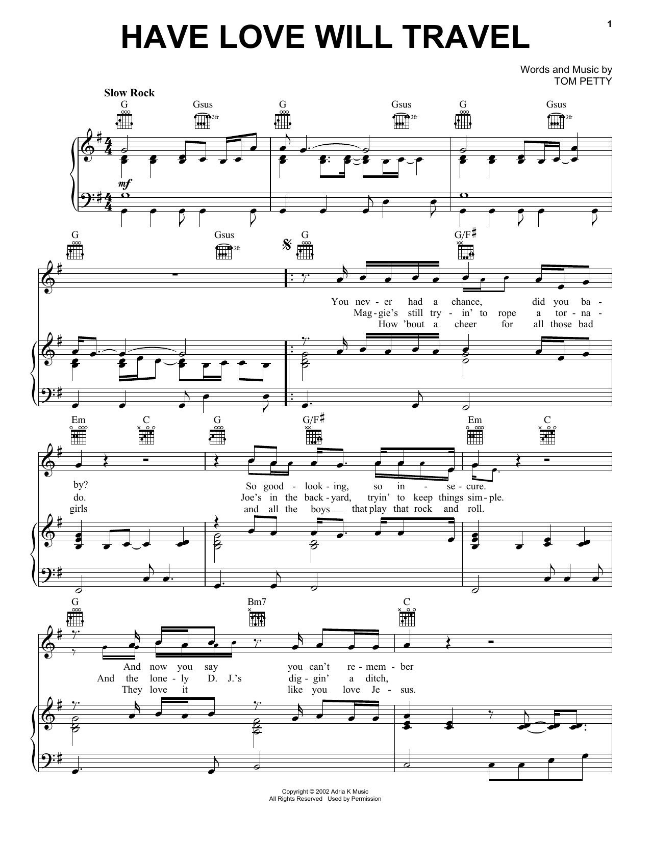 Tom Petty Have Love Will Travel sheet music notes and chords arranged for Piano, Vocal & Guitar Chords (Right-Hand Melody)