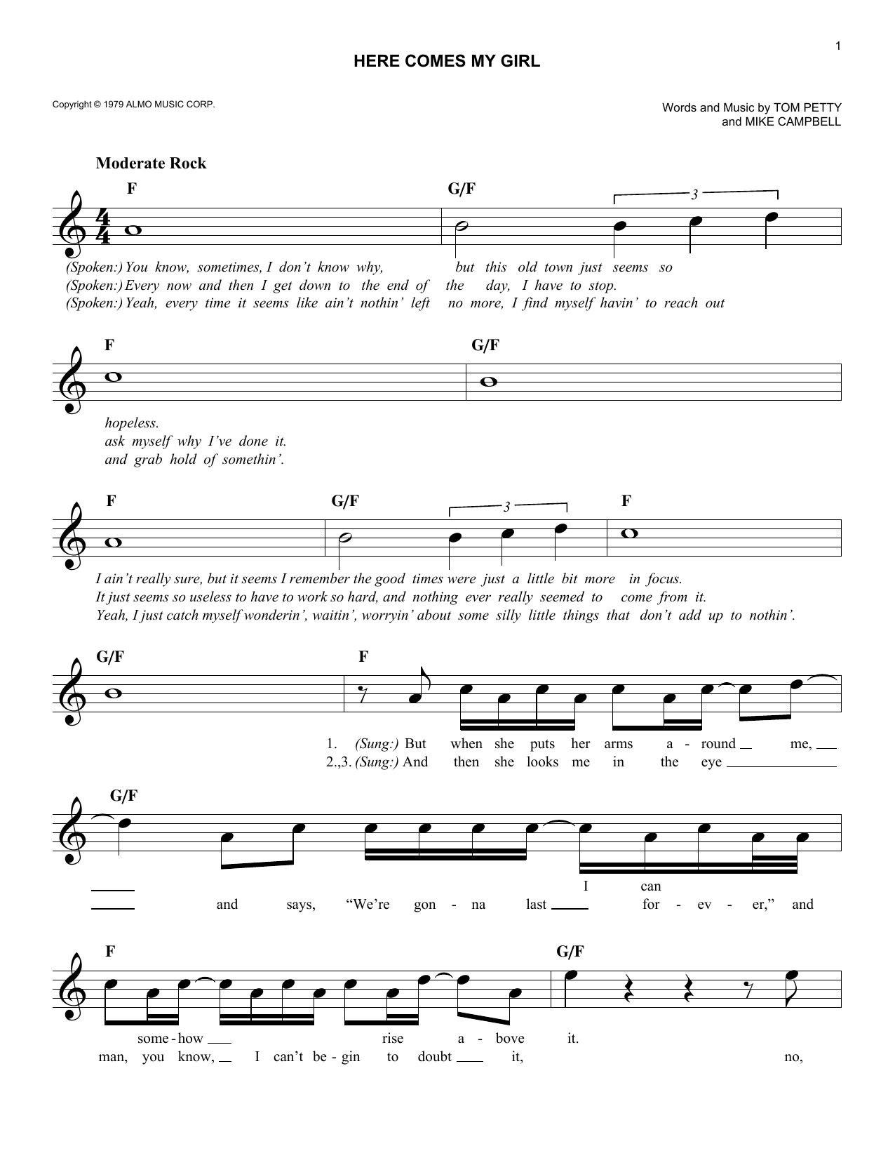 Tom Petty Here Comes My Girl sheet music notes and chords arranged for Easy Lead Sheet / Fake Book