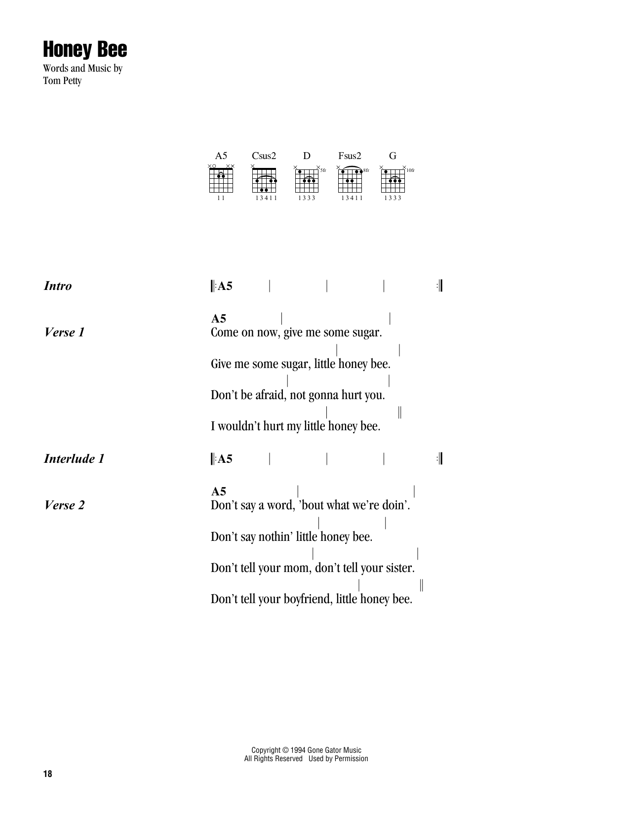 Tom Petty Honey Bee sheet music notes and chords arranged for Guitar Chords/Lyrics