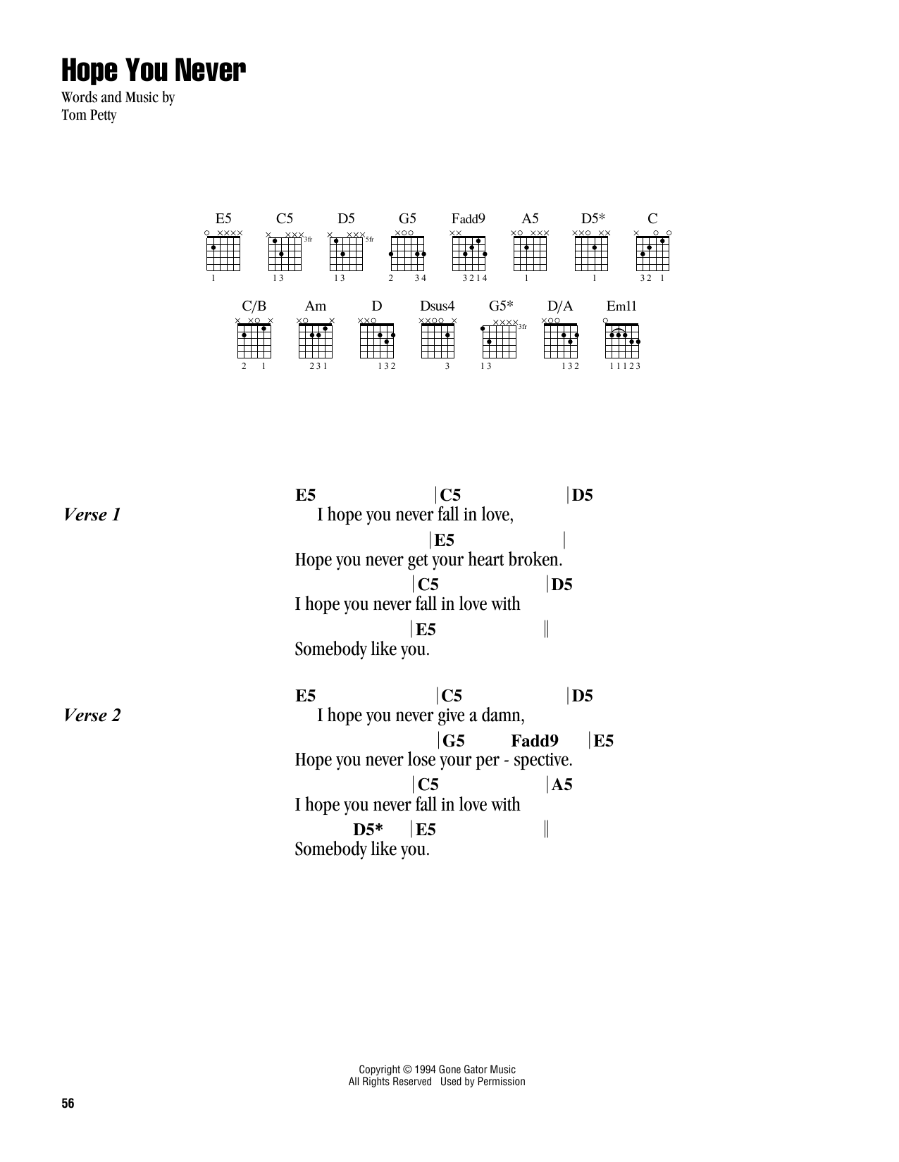 Tom Petty Hope You Never sheet music notes and chords arranged for Guitar Chords/Lyrics