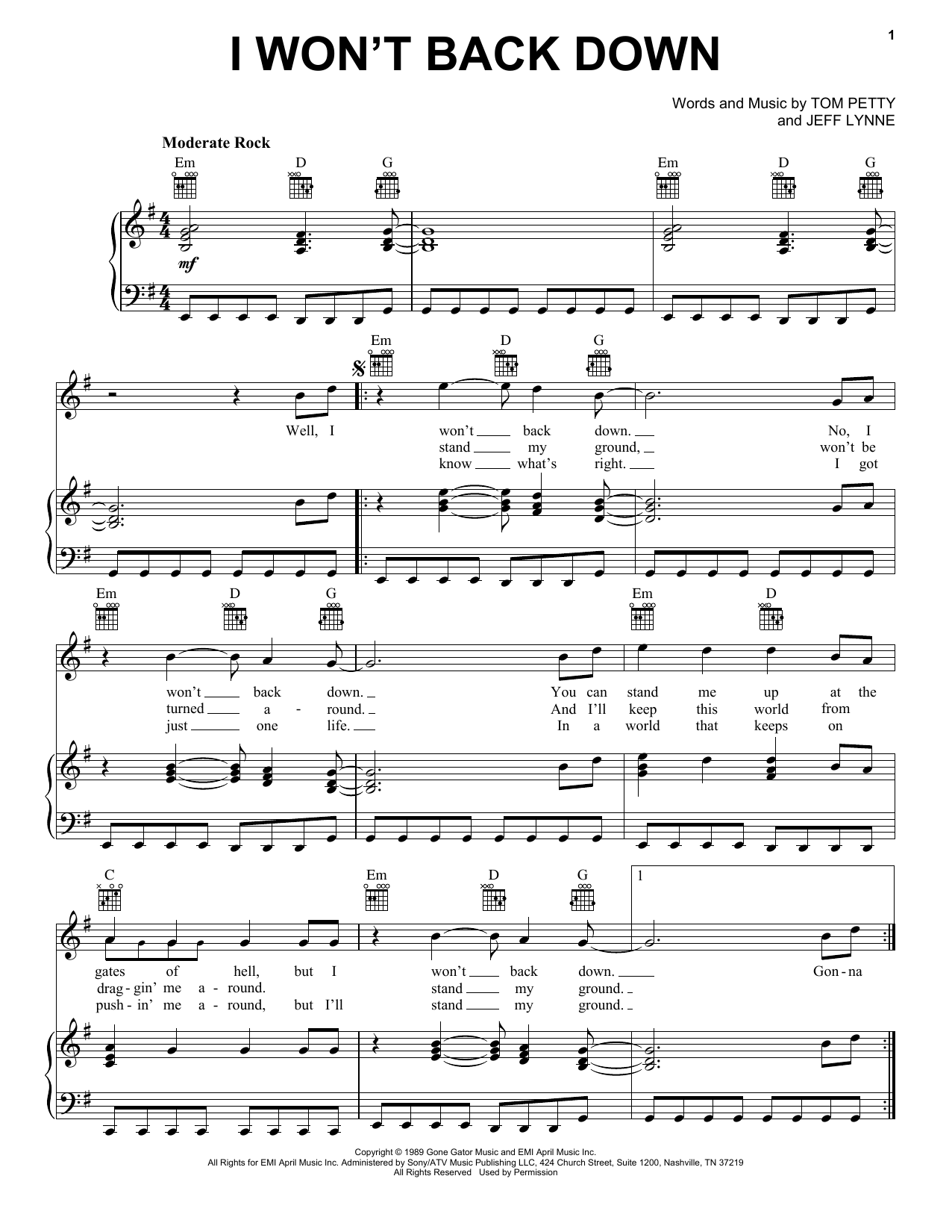 Tom Petty I Won't Back Down sheet music notes and chords arranged for Easy Guitar Tab