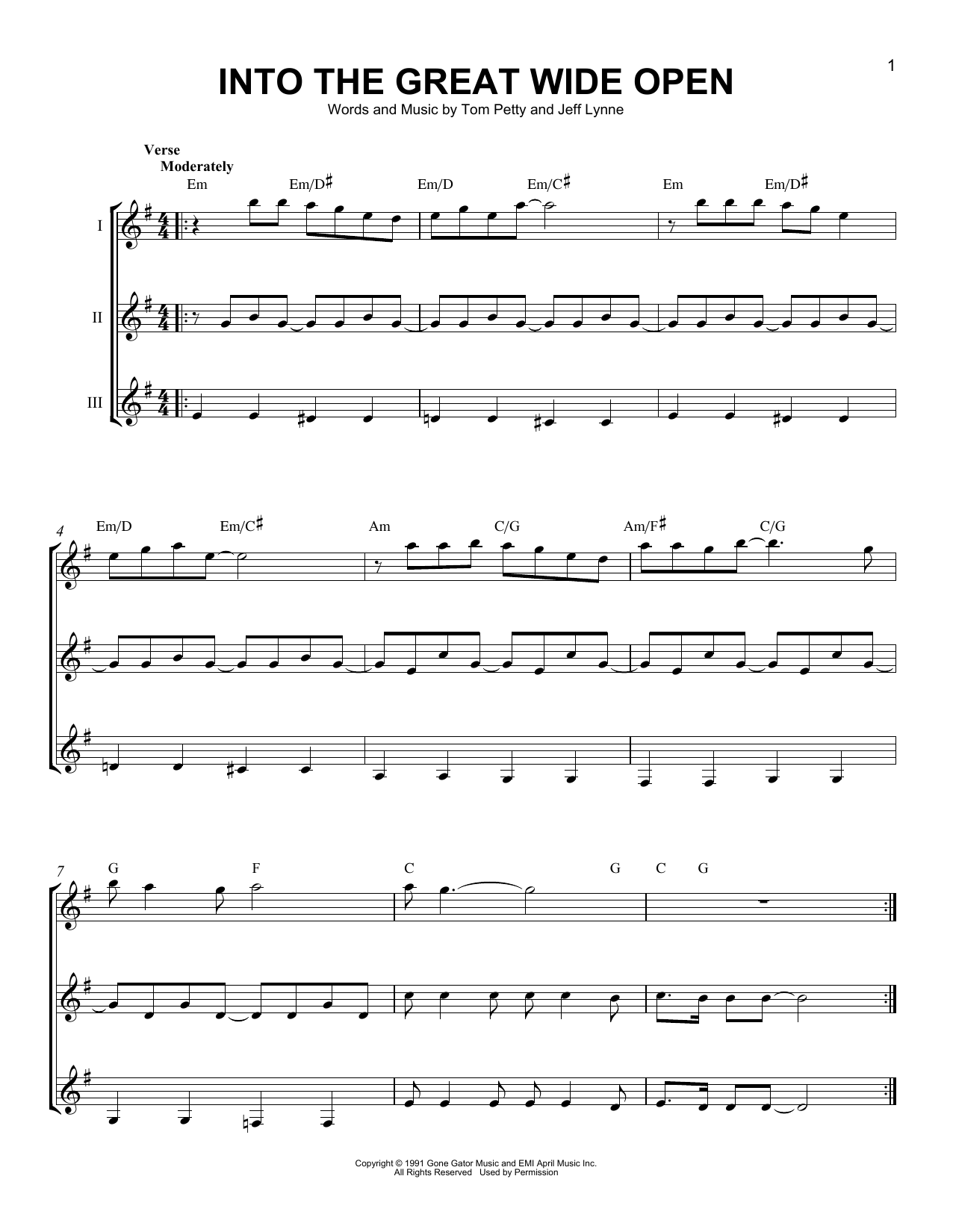 Tom Petty Into The Great Wide Open sheet music notes and chords arranged for Guitar Ensemble