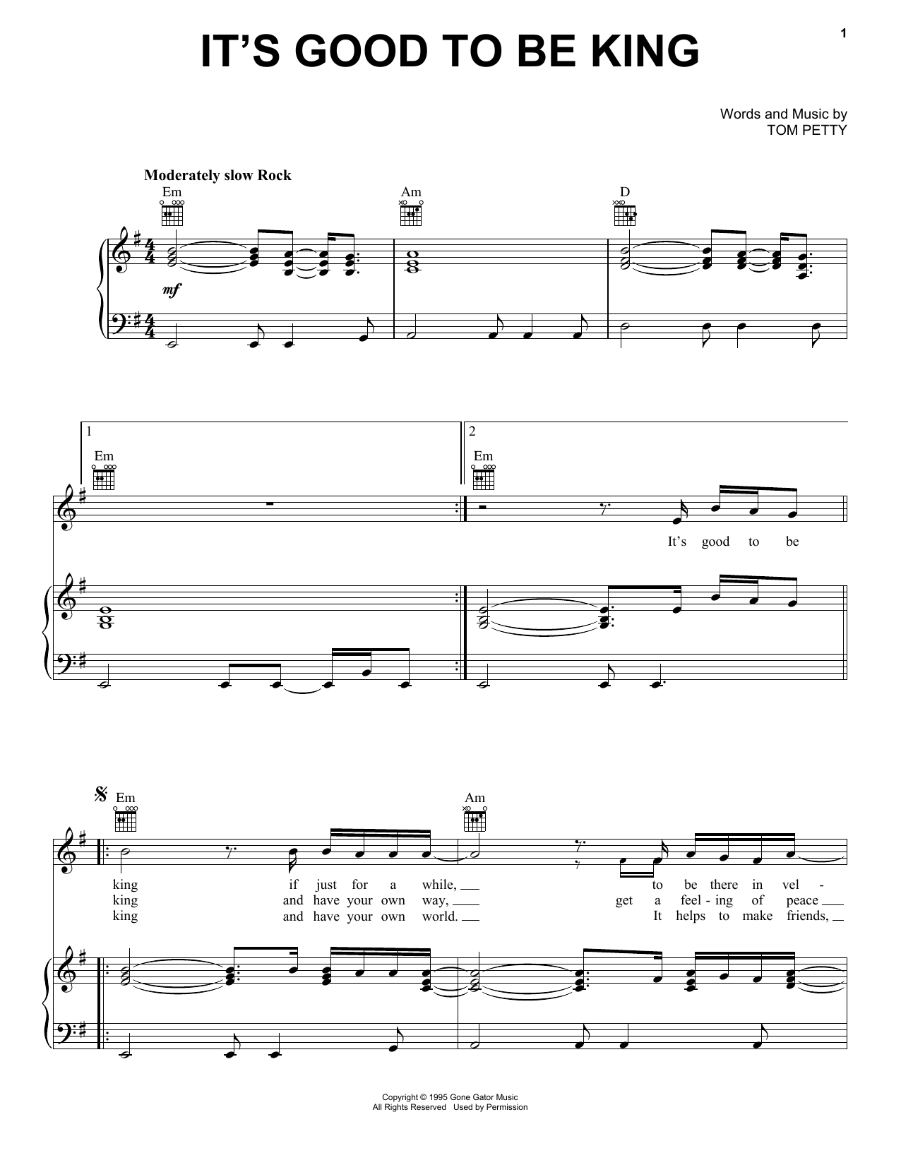 Tom Petty It's Good To Be King sheet music notes and chords arranged for Piano, Vocal & Guitar Chords (Right-Hand Melody)
