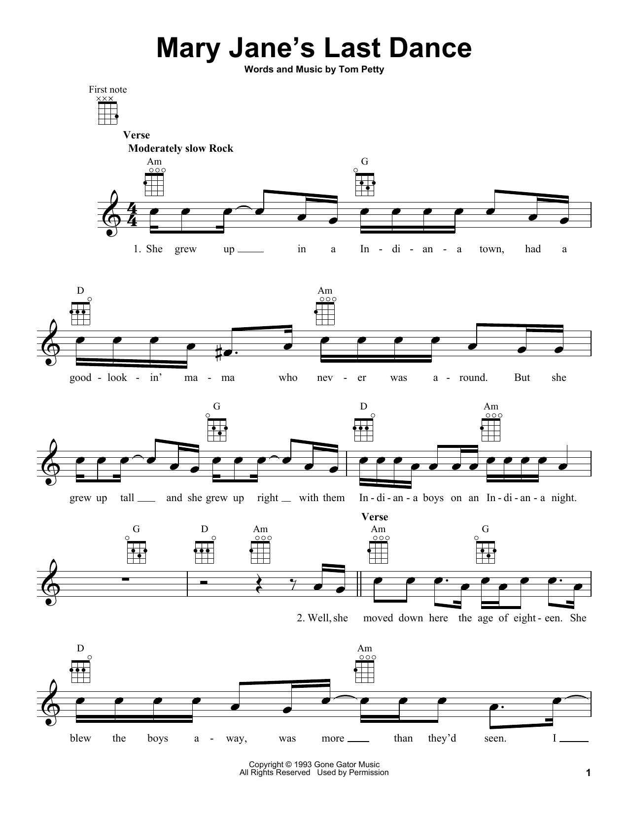 Tom Petty Mary Jane's Last Dance sheet music notes and chords arranged for Violin Solo