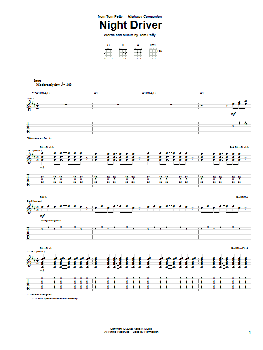 Tom Petty Night Driver sheet music notes and chords arranged for Guitar Tab