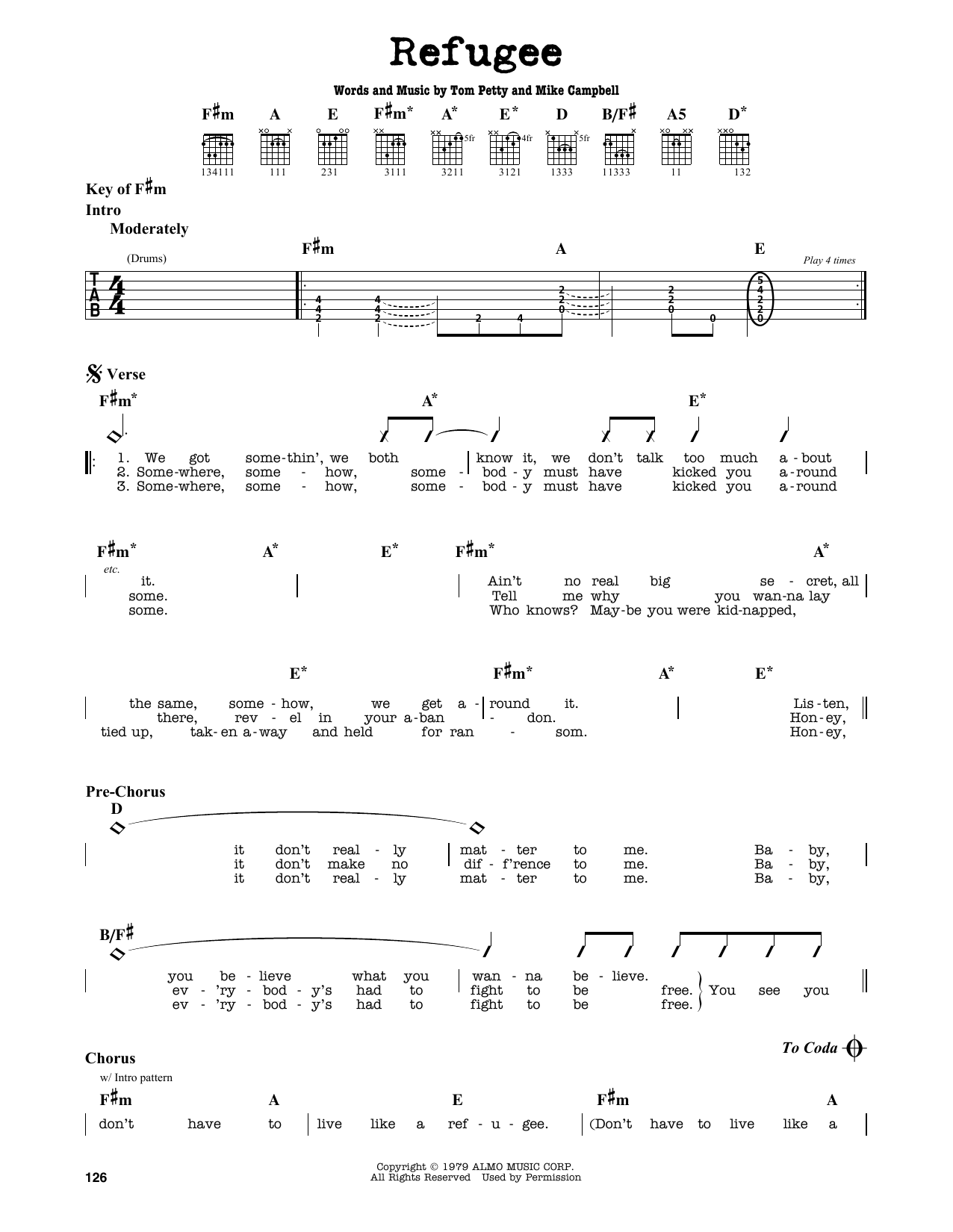 Tom Petty Refugee sheet music notes and chords arranged for Guitar Lead Sheet