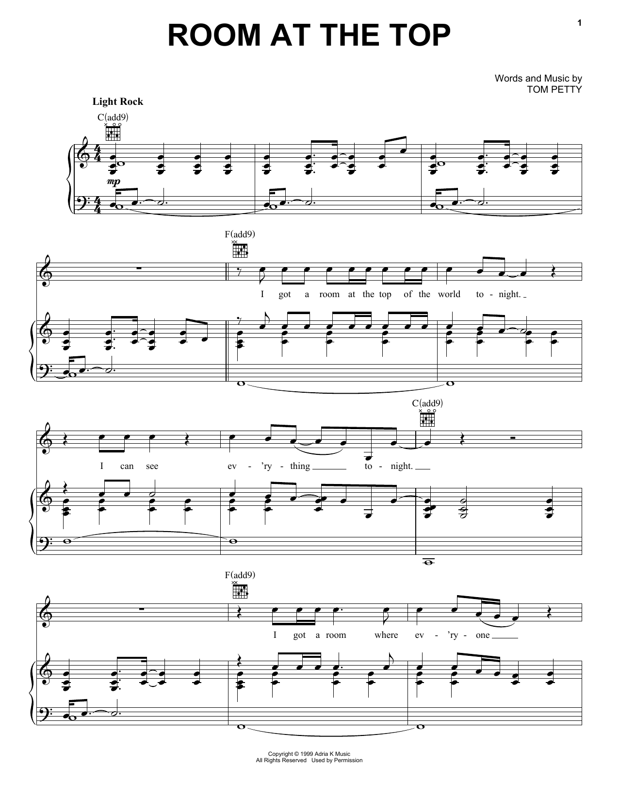 Tom Petty Room At The Top sheet music notes and chords arranged for Piano, Vocal & Guitar Chords (Right-Hand Melody)