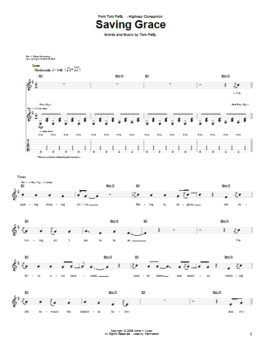 Tom Petty Saving Grace sheet music notes and chords arranged for Piano, Vocal & Guitar Chords (Right-Hand Melody)