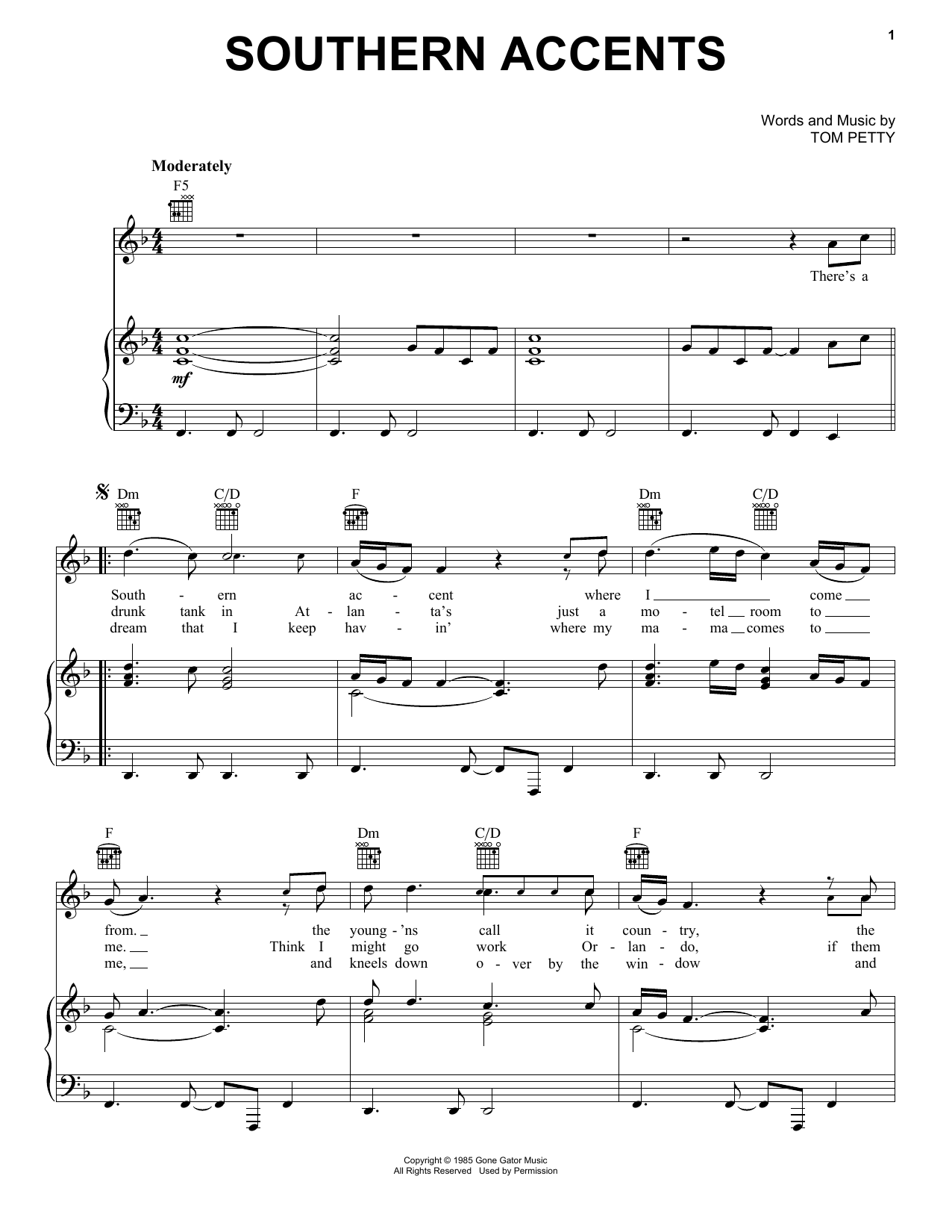 Tom Petty Southern Accents sheet music notes and chords arranged for Piano, Vocal & Guitar Chords (Right-Hand Melody)