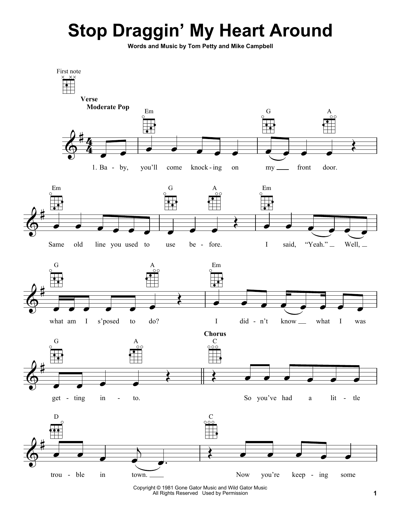 Tom Petty Stop Draggin' My Heart Around sheet music notes and chords arranged for Ukulele