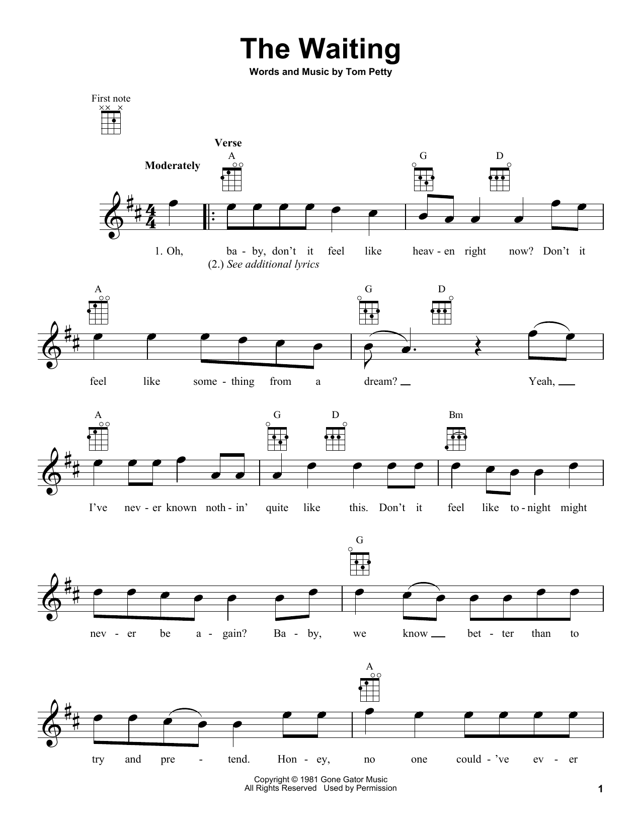 Tom Petty The Waiting sheet music notes and chords arranged for Piano, Vocal & Guitar Chords (Right-Hand Melody)