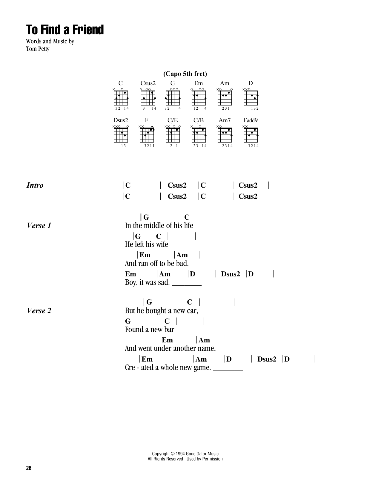 Tom Petty To Find A Friend sheet music notes and chords arranged for Guitar Chords/Lyrics