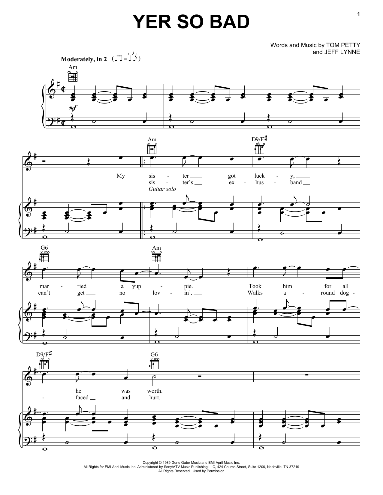 Tom Petty Yer So Bad sheet music notes and chords arranged for Piano, Vocal & Guitar Chords (Right-Hand Melody)