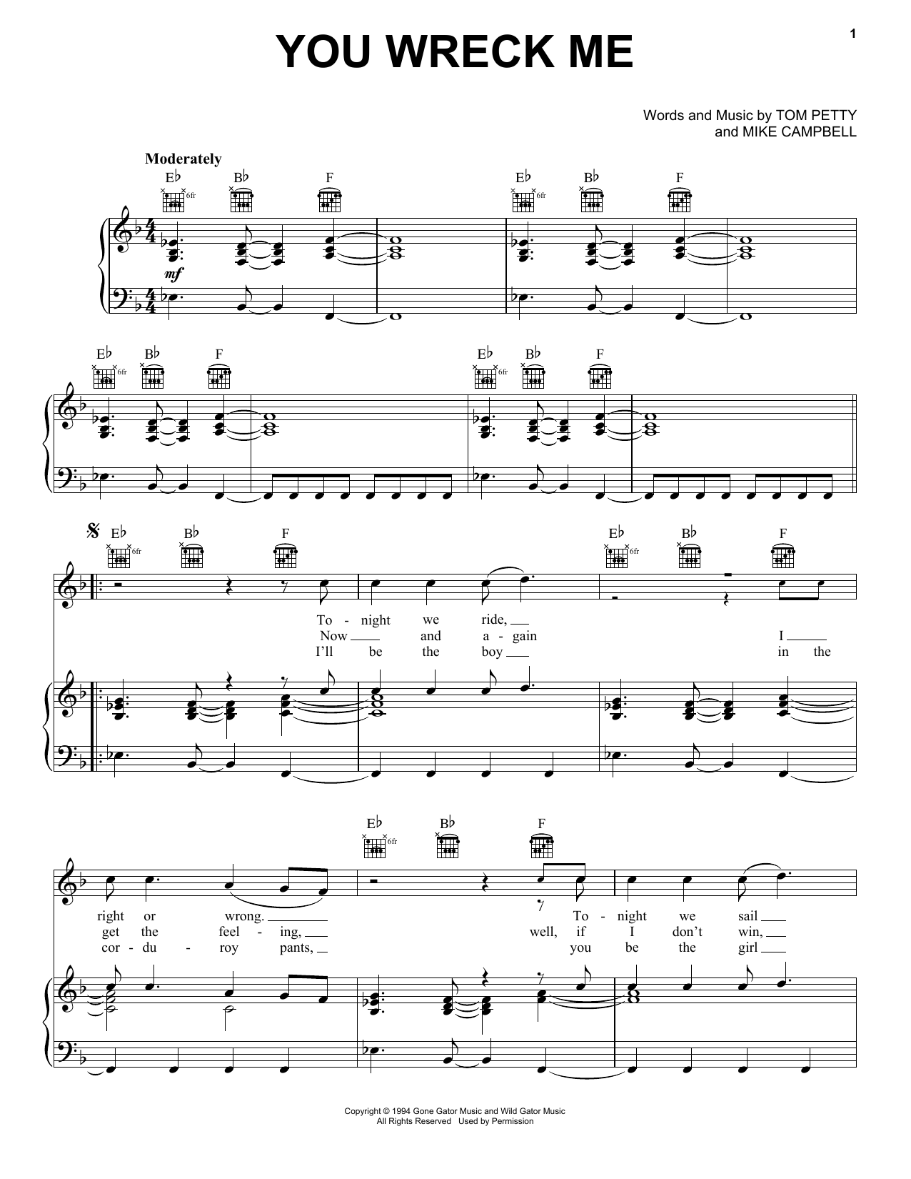 Tom Petty You Wreck Me sheet music notes and chords arranged for Piano, Vocal & Guitar Chords (Right-Hand Melody)