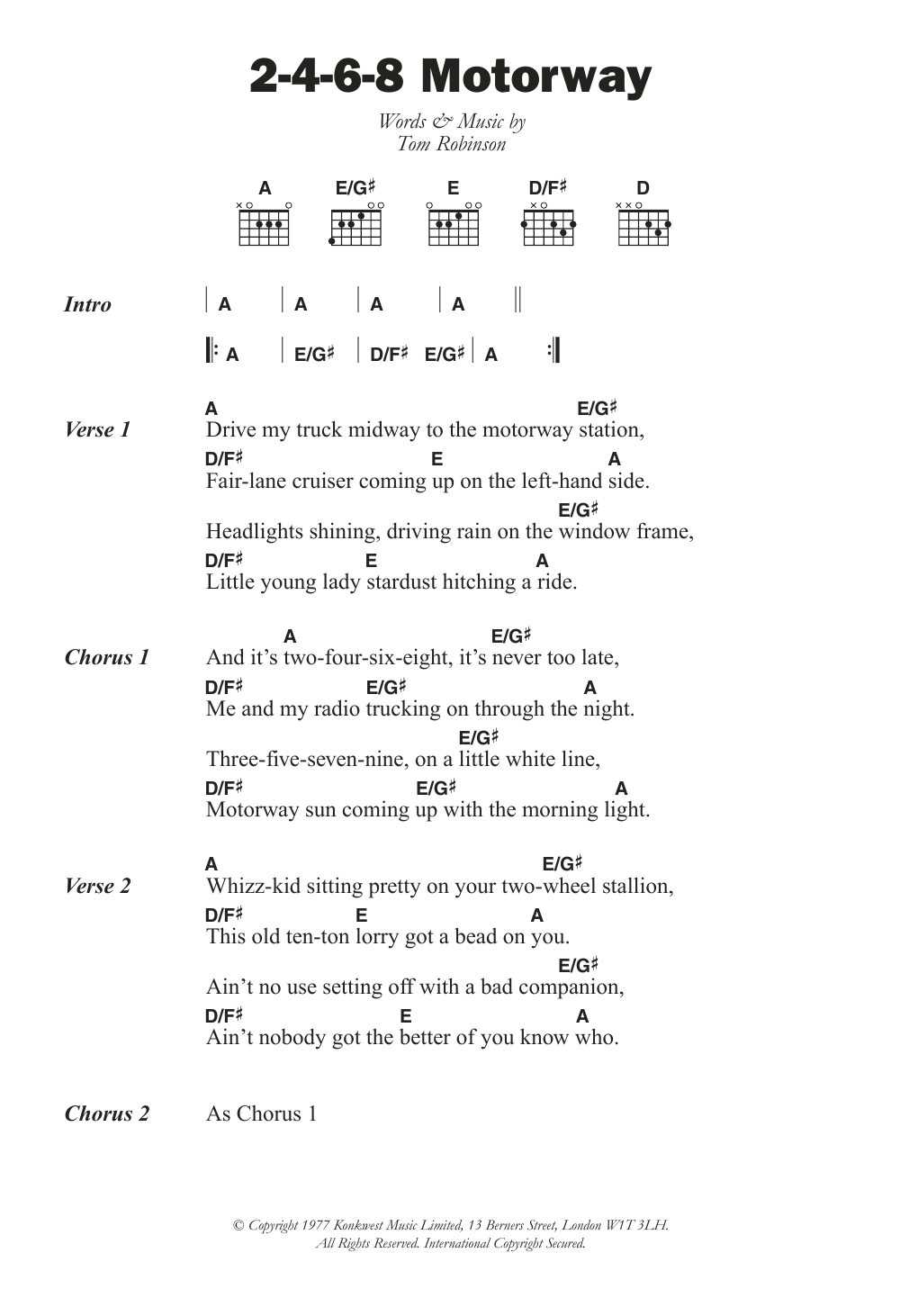 Tom Robinson Band 2-4-6-8 Motorway sheet music notes and chords arranged for Guitar Chords/Lyrics