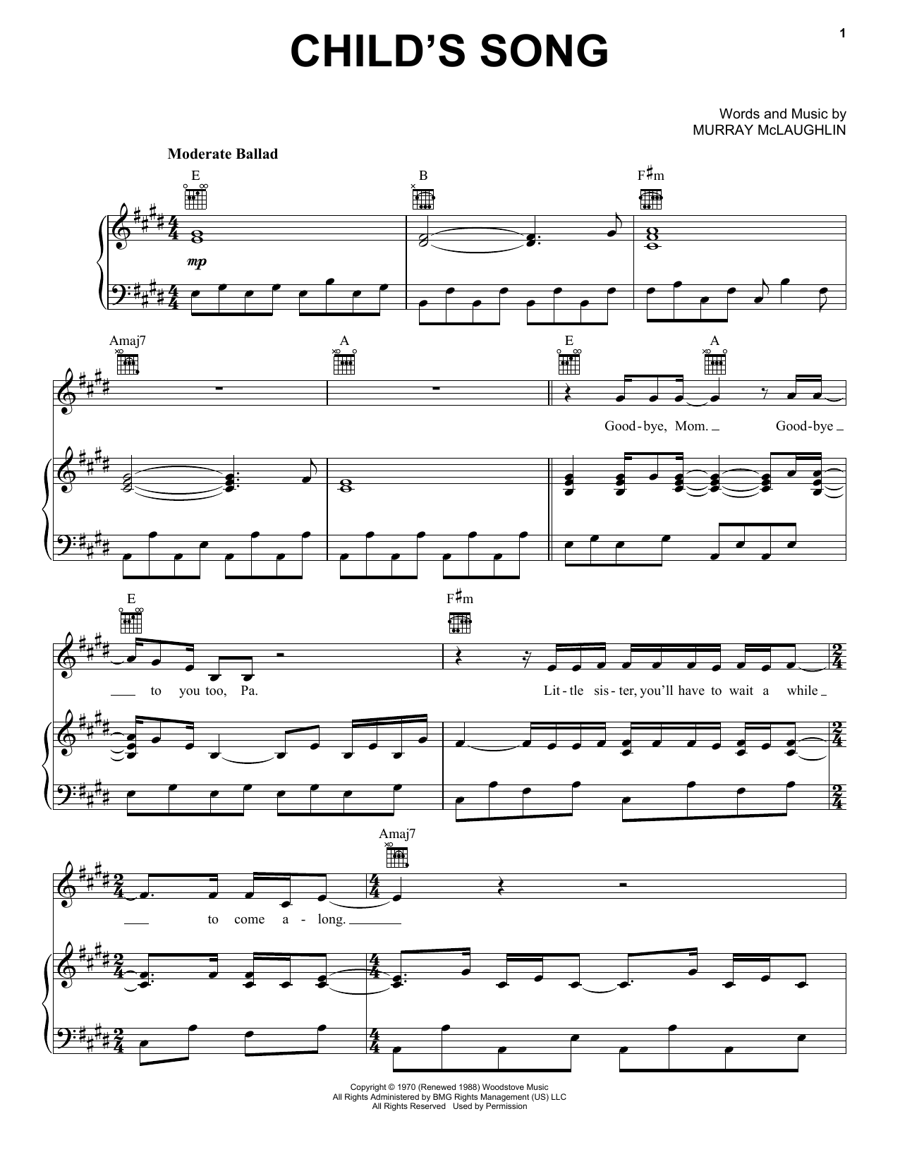 Tom Rush Child's Song sheet music notes and chords arranged for Piano, Vocal & Guitar Chords (Right-Hand Melody)