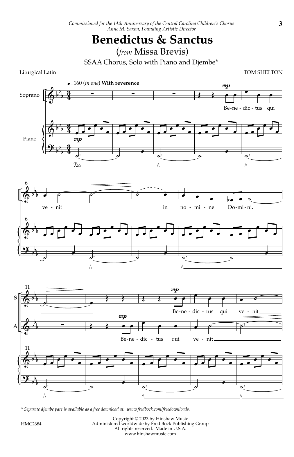 Tom Shelton Benedictus & Sanctus (from Missa Brevis) sheet music notes and chords arranged for SSAA Choir