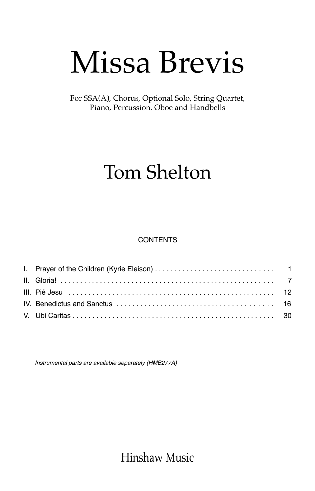 Tom Shelton Missa Brevis sheet music notes and chords arranged for SSA Choir