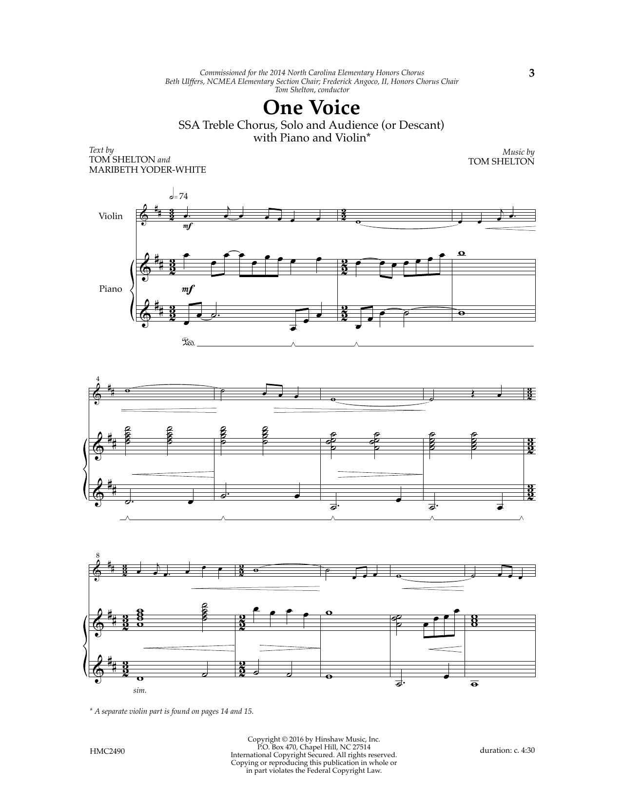 Tom Shelton One Voice sheet music notes and chords arranged for SSA Choir