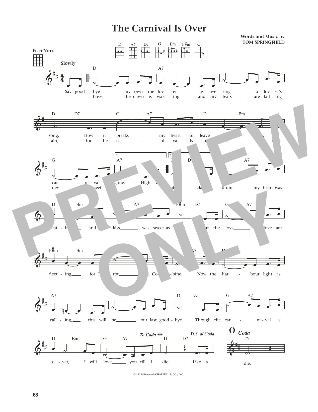 Tom Springfield The Carnival Is Over (from The Daily Ukulele) (arr. Jim Beloff) sheet music notes and chords arranged for Ukulele