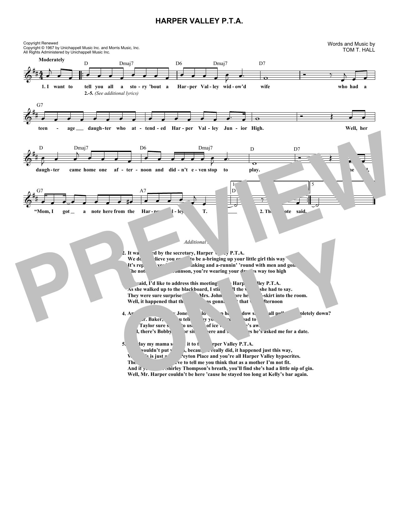 Tom T. Hall Harper Valley P.T.A. sheet music notes and chords arranged for Lead Sheet / Fake Book