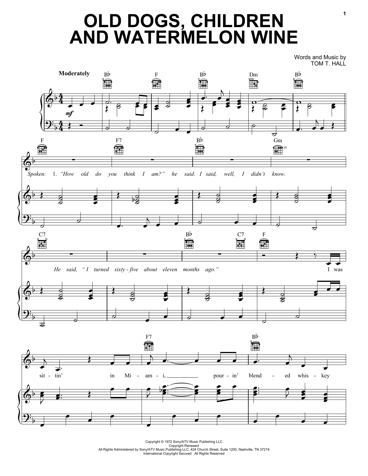 Tom T. Hall Old Dogs, Children And Watermelon Wine sheet music notes and chords arranged for Piano, Vocal & Guitar Chords (Right-Hand Melody)
