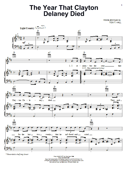Tom T. Hall The Year That Clayton Delaney Died sheet music notes and chords arranged for Piano, Vocal & Guitar Chords (Right-Hand Melody)