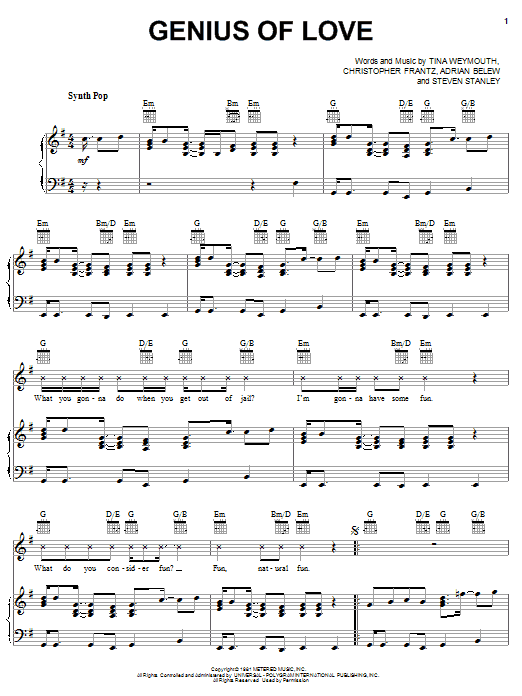 Tom Tom Club Genius Of Love sheet music notes and chords arranged for Piano, Vocal & Guitar Chords (Right-Hand Melody)
