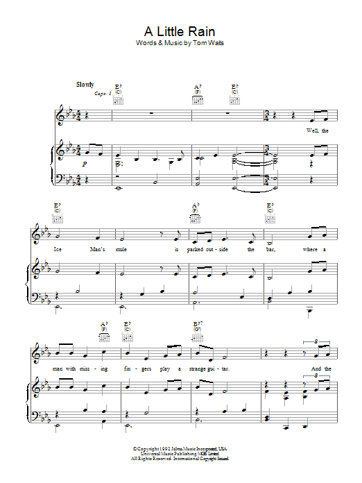 Tom Waits A Little Rain sheet music notes and chords arranged for Piano, Vocal & Guitar Chords