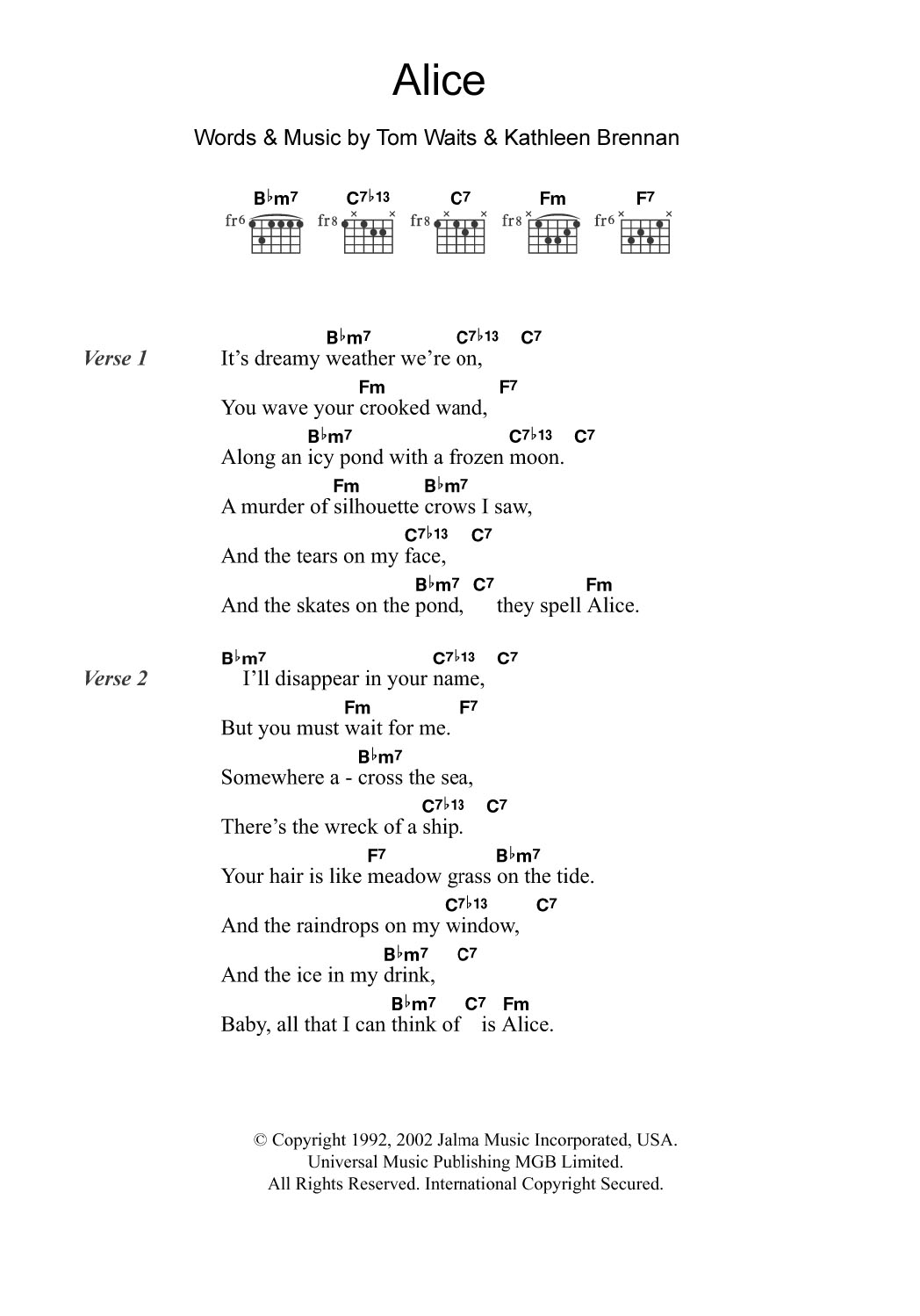 Tom Waits Alice sheet music notes and chords arranged for Guitar Chords/Lyrics