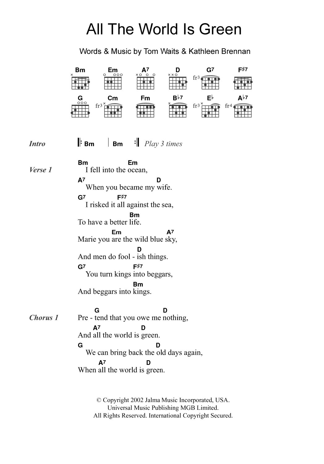 Tom Waits All The World Is Green sheet music notes and chords arranged for Guitar Chords/Lyrics