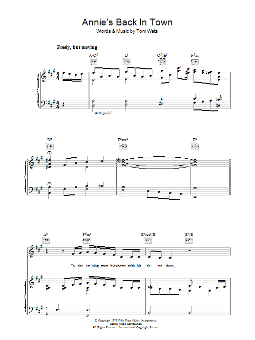 Tom Waits Annie's Back In Town sheet music notes and chords arranged for Piano, Vocal & Guitar Chords