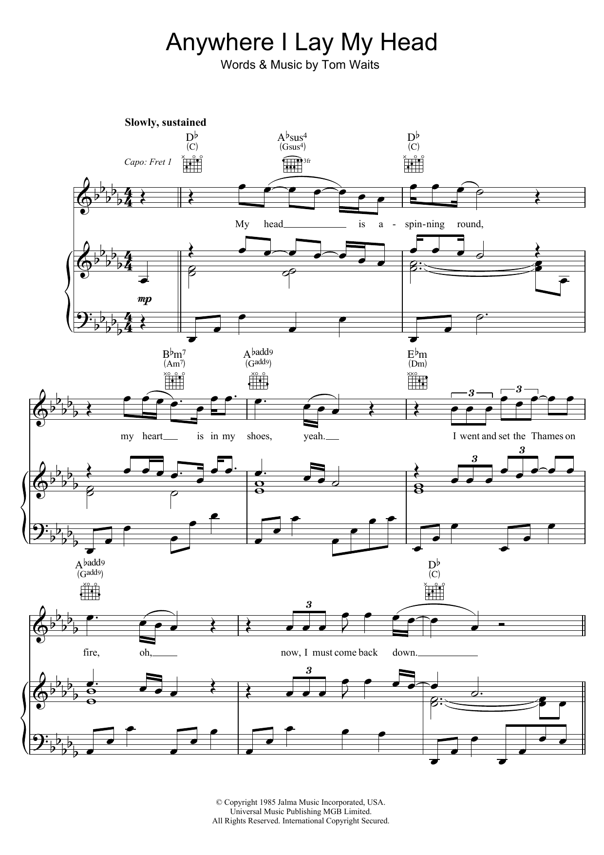 Tom Waits Anywhere I Lay My Head sheet music notes and chords arranged for Piano, Vocal & Guitar Chords
