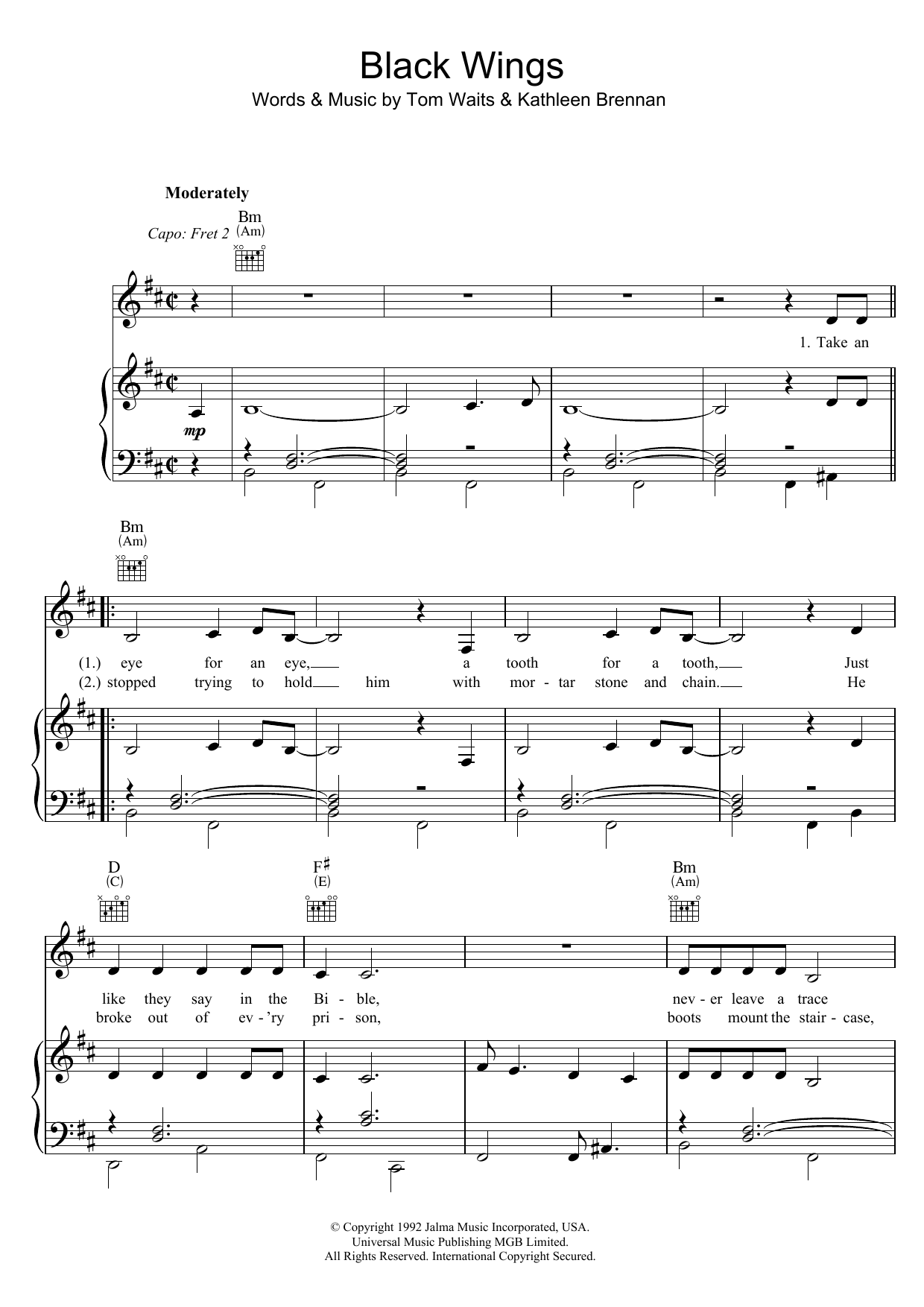 Tom Waits Black Wings sheet music notes and chords arranged for Piano, Vocal & Guitar Chords