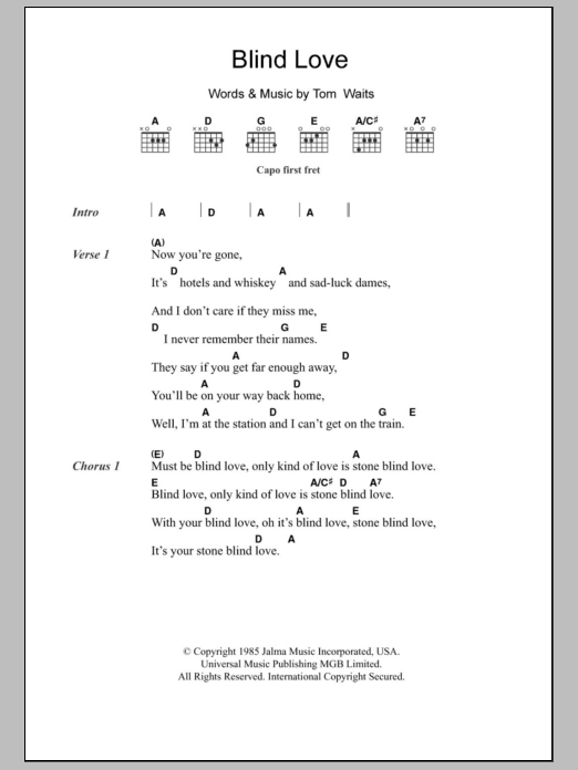 Tom Waits Blind Love sheet music notes and chords arranged for Guitar Chords/Lyrics