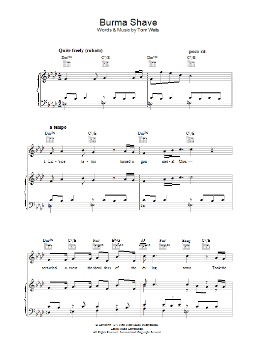 Tom Waits Burma Shave sheet music notes and chords arranged for Piano, Vocal & Guitar Chords