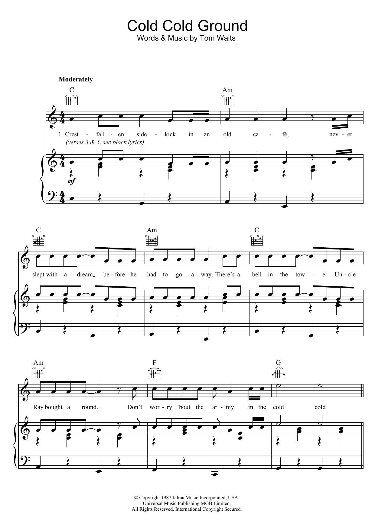 Tom Waits Cold Cold Ground sheet music notes and chords arranged for Guitar Chords/Lyrics