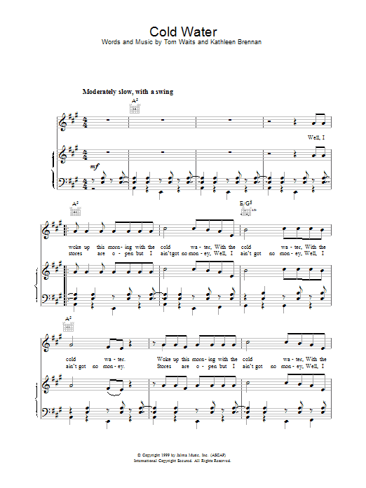 Tom Waits Cold Water sheet music notes and chords arranged for Piano, Vocal & Guitar Chords