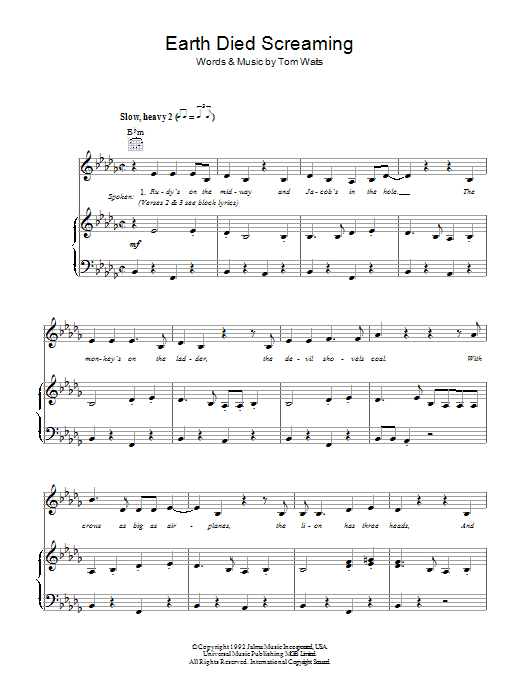 Tom Waits Earth Died Screaming sheet music notes and chords arranged for Piano, Vocal & Guitar Chords