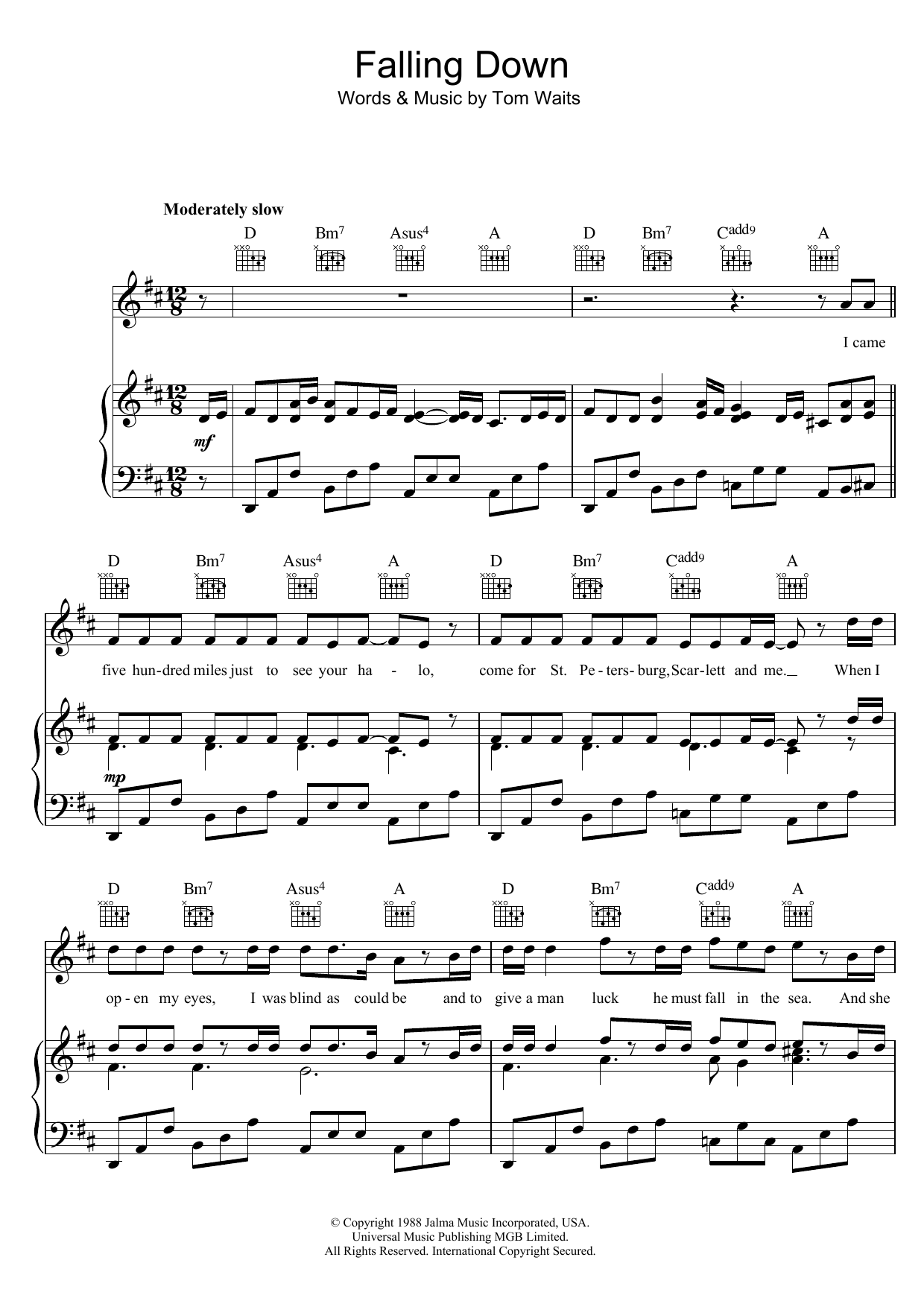 Tom Waits Falling Down sheet music notes and chords arranged for Piano, Vocal & Guitar Chords