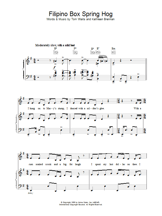 Tom Waits Filipino Box Spring Hog sheet music notes and chords arranged for Piano, Vocal & Guitar Chords