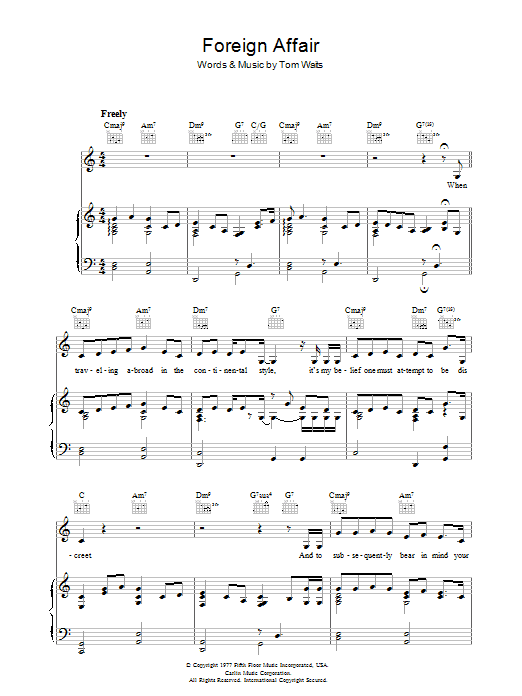 Tom Waits Foreign Affair sheet music notes and chords arranged for Piano, Vocal & Guitar Chords