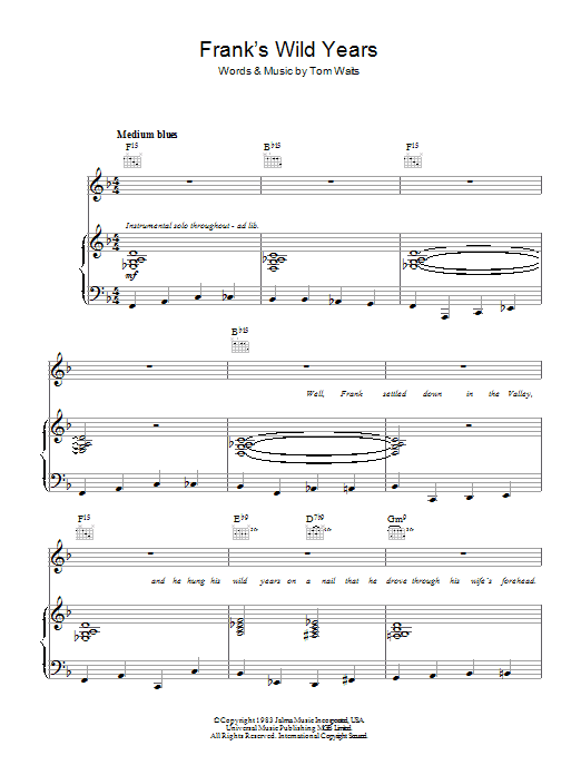 Tom Waits Frank's Wild Years sheet music notes and chords arranged for Piano, Vocal & Guitar Chords