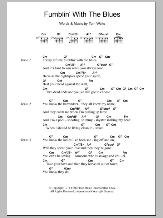 Tom Waits Fumblin' With The Blues sheet music notes and chords arranged for Guitar Chords/Lyrics